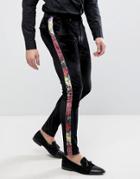 Asos Super Skinny Suit Pants In Black Velvet With Floral Side Stripe - Red