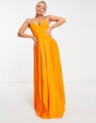 Asos Design Polyester Cami Side Panel Pleated Maxi Dress In Orange - Coral