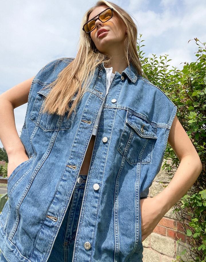 Topshop Oversized Denim Vest In Mid Blue-blues