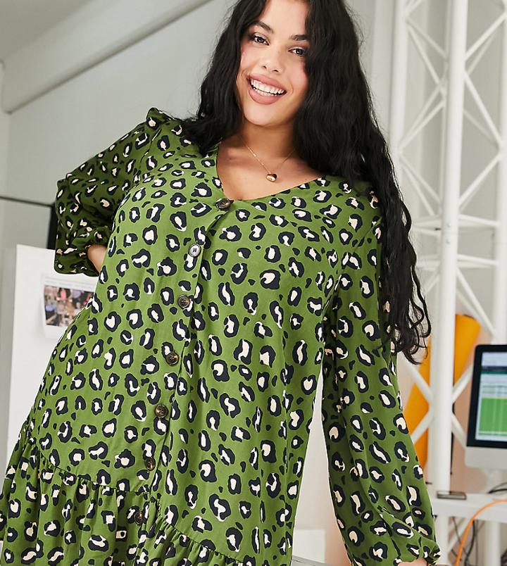 Asos Design Curve Button Front Smock Dress In Khaki Animal Print-multi