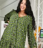 Asos Design Curve Button Front Smock Dress In Khaki Animal Print-multi