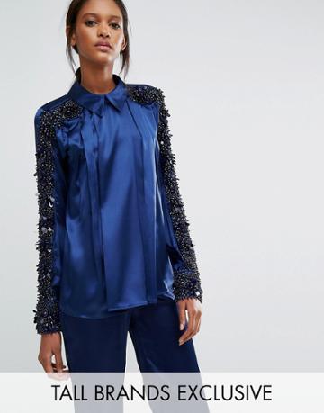 Starry Eyed Tall Beaded Satin Blouse - Navy