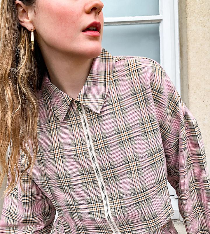 Collusion Zip Cropped Shirt In Plaid Set-multi