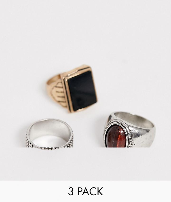 Bershka Design Ring 3-pack In Silver And Gold - Multi