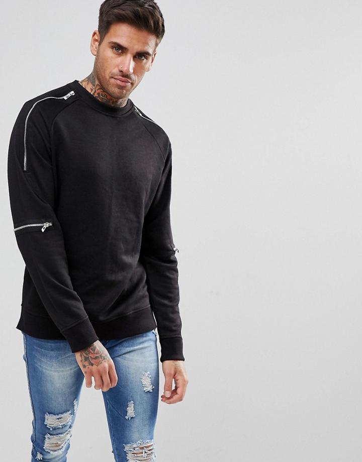 Boohooman Sweatshirt With Zip Detail In Black - Black