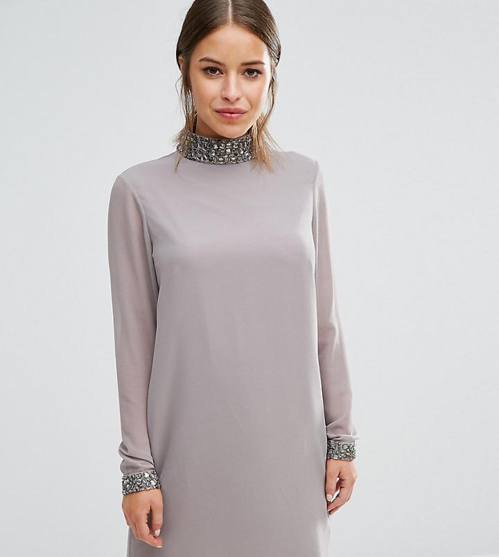 Asos Petite Sequin Neck Trim Shift Dress - Gray