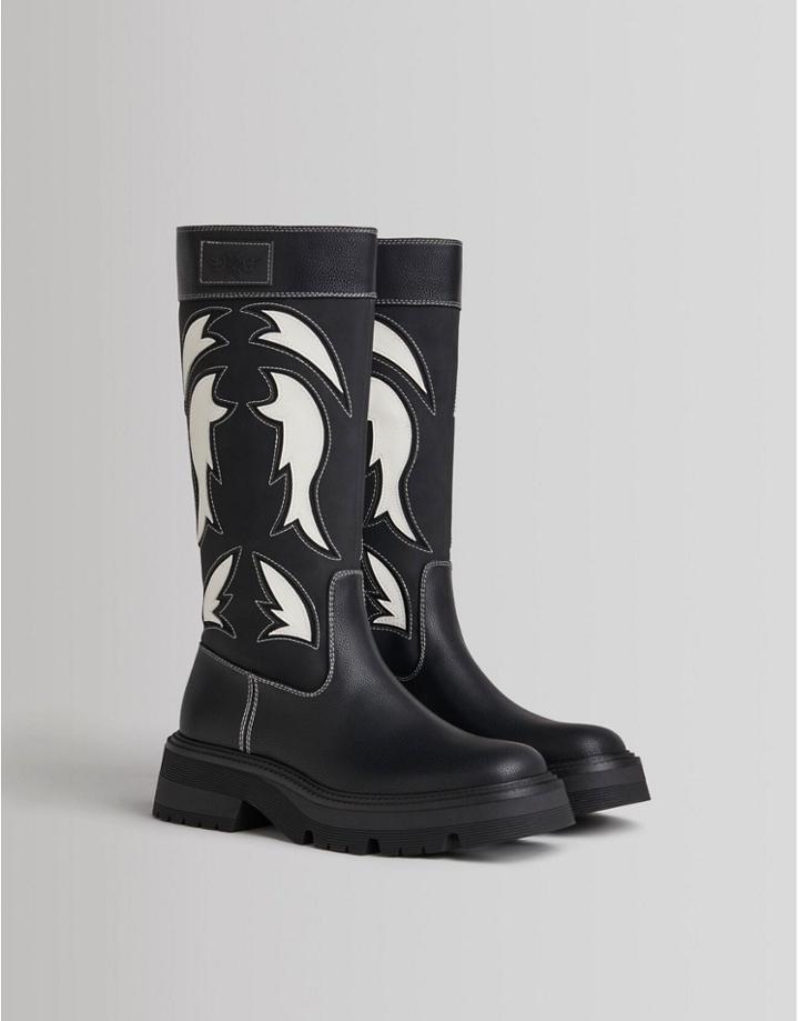 Bershka Knee High Flat Western Boot In Black