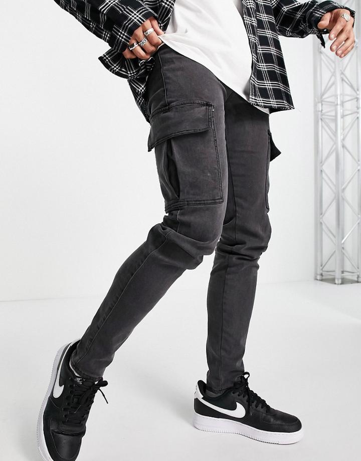 Sixth June Fitted Cargo Jeans In Black Wash