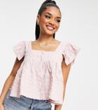 Asos Design Petite Puff Textured Button Through Ruffled Sun Top In Pink-no Color