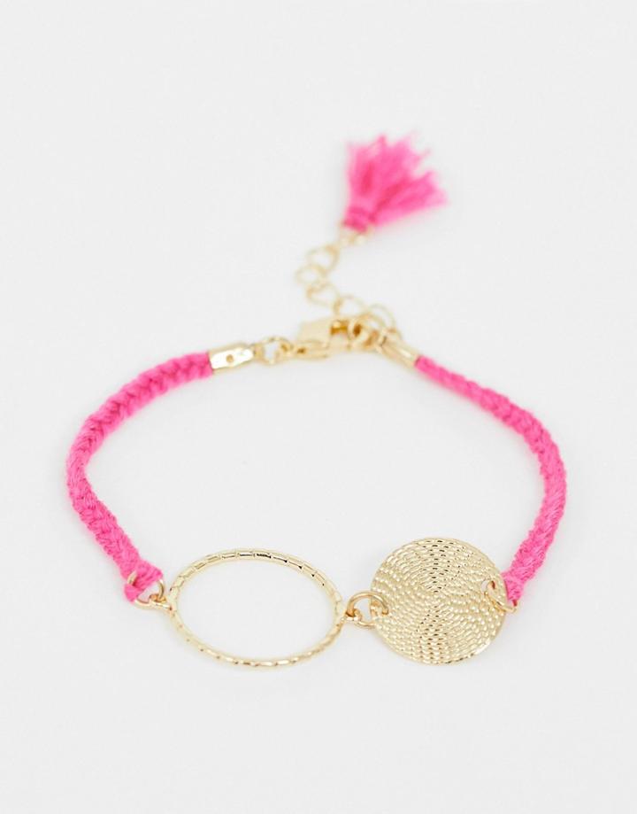 Asos Design Cord Bracelet With Open Circle And Hammered Disc In Pink