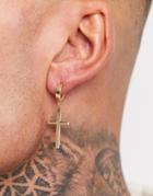 Asos Design 7mm Hoop Earrings With Cross Charms In Gold Tone