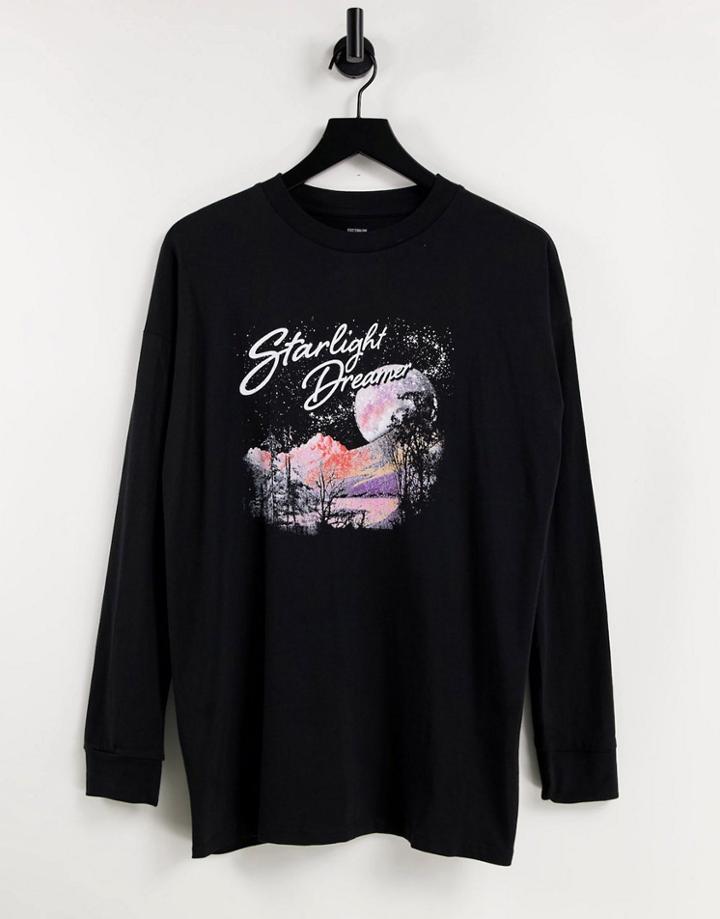 Cotton: On Relaxed Boyfriend Graphic Long Sleeve T-shirt In Black