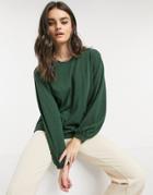 & Other Stories Linen Blend Long Sleeve Top In Dark Green