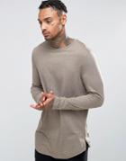Asos Longline Long Sleeve T-shirt With Curve Hem And Zip In Brown - Be