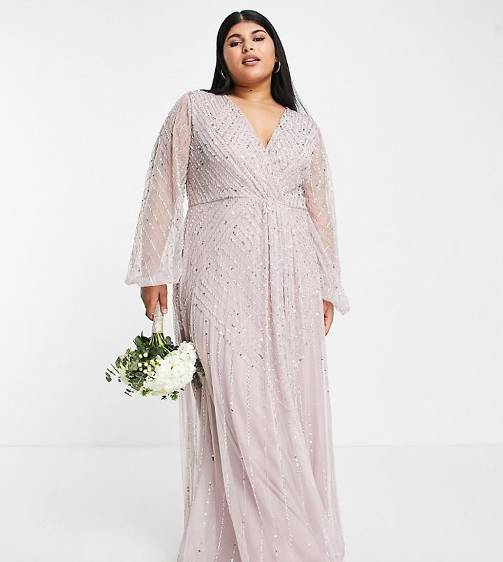 Frock And Frill Plus Bridesmaid Plunge Front Maxi With Embellishment In Dusty Mauve-pink