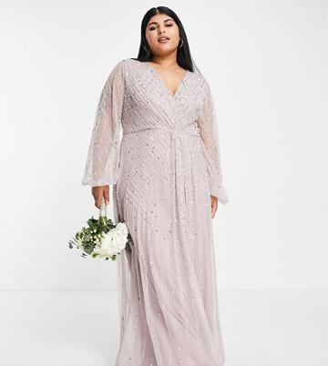 Frock And Frill Plus Bridesmaid Plunge Front Maxi With Embellishment In Dusty Mauve-pink