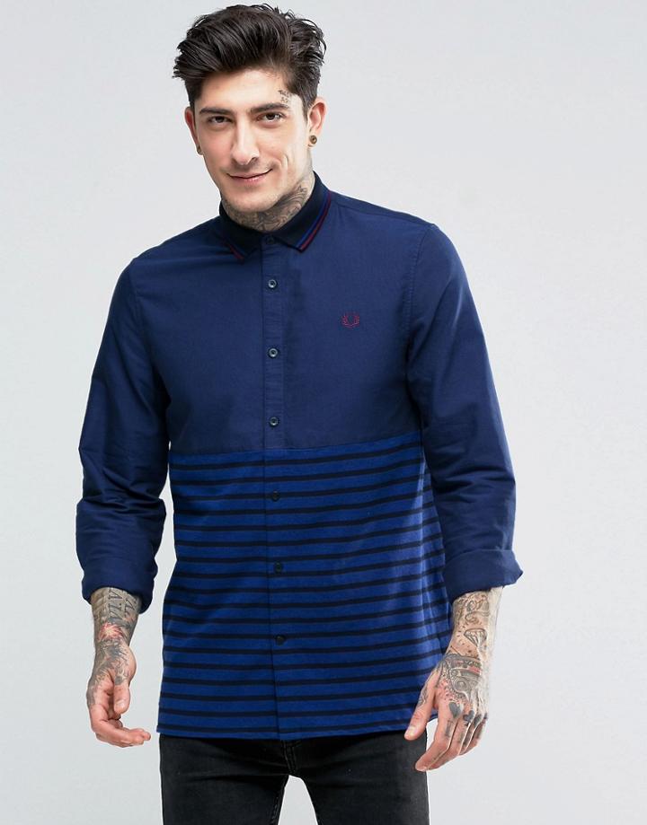 Fred Perry Shirt With Stripe Panel In French Navy In Slim Fit - Navy