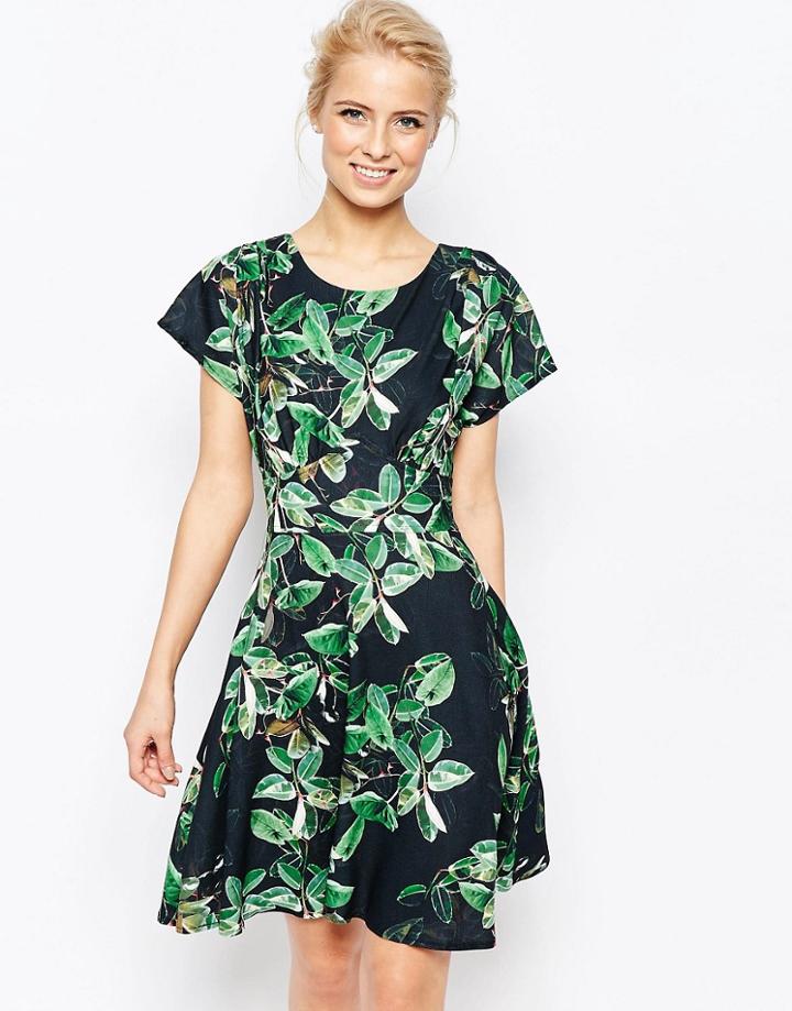 Closet Tie Back Dress In Leaf Print - Black