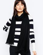 Liquorish Scarf With Pom Pom Trim - Black