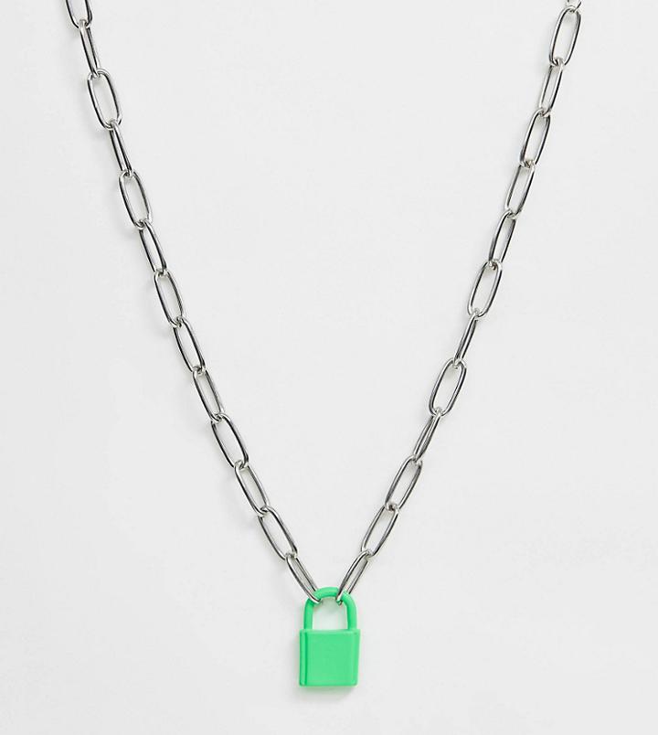 Asos Design Curve Necklace With Color Padlock And Hardware Chain In Silver Tone