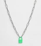 Asos Design Curve Necklace With Color Padlock And Hardware Chain In Silver Tone