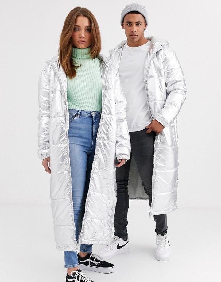 Another Influence Unisex Longline Puffer In Metallic-silver