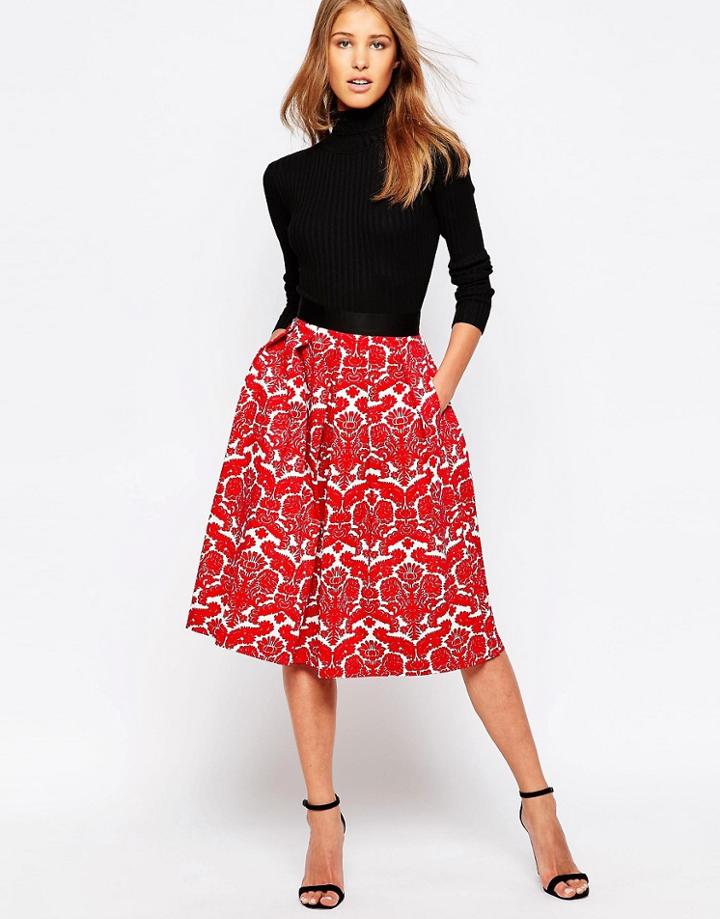 Closet Midi Pleat Skirt In Damask Print