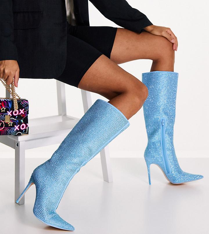 Public Desire Wide Fit Lexi Knee High Heel Boots In Blue Crystal-blues