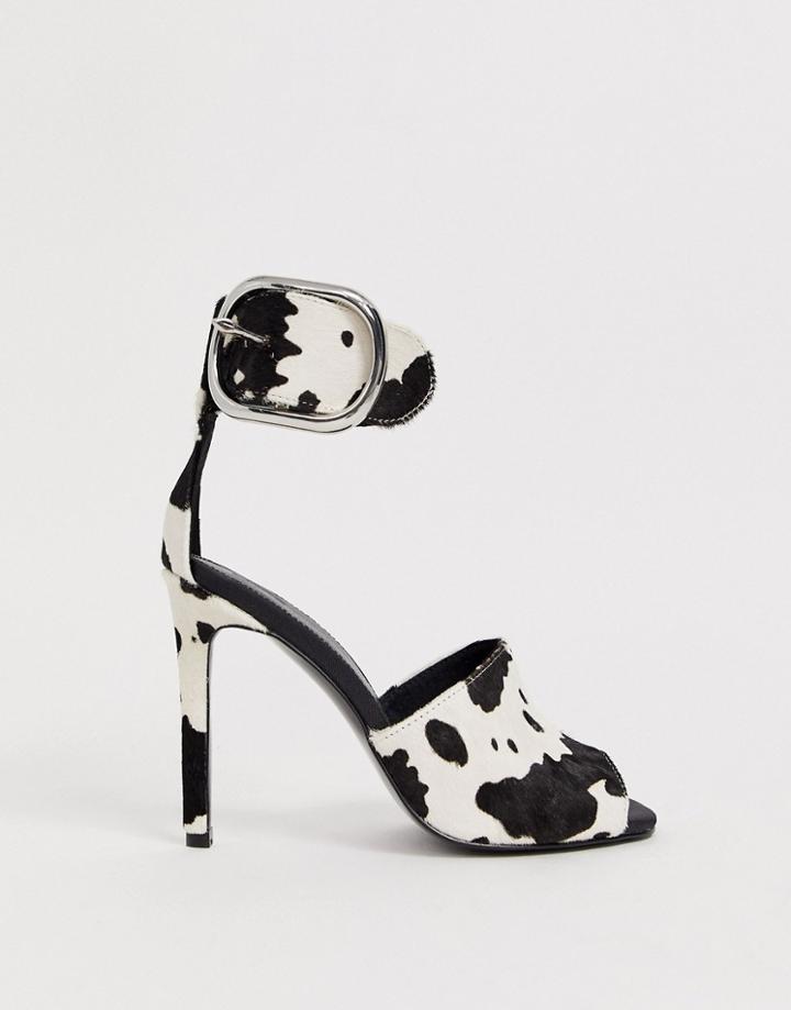 Asos Design New York Premium Leather High Heeled Sandals In Cow Print - Multi
