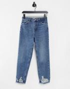 Topshop Double Knee Rip Mom Jeans In Mid Wash Blue-blues