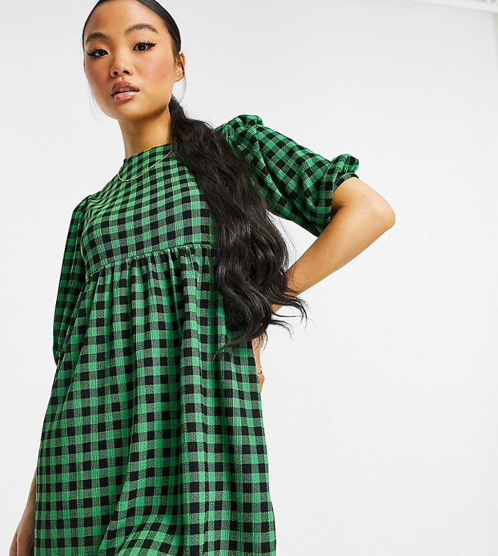 New Look Petite Puff Sleeve Smock Dress In Green Gingham