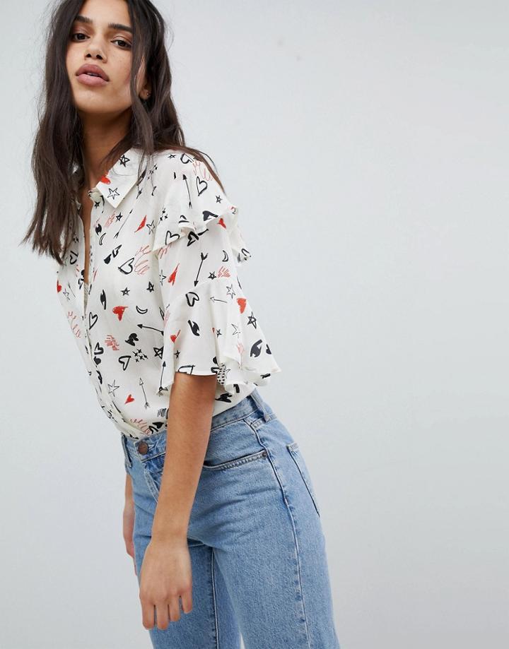 Lily And Lionel Ruffle Shirt In Doodle Print - White