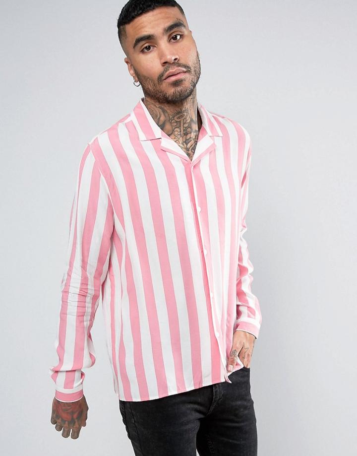 Asos Regular Fit Viscose Stripe Shirt With Revere Collar In Pink - Pink