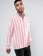 Asos Regular Fit Viscose Stripe Shirt With Revere Collar In Pink - Pink