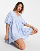Weekday Hedvig Mini Smock Dress With Frill Hem In Blue Gingham-multi