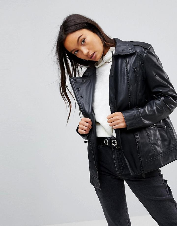 Asos Leather Biker Jacket With Eyelet Detail - Black