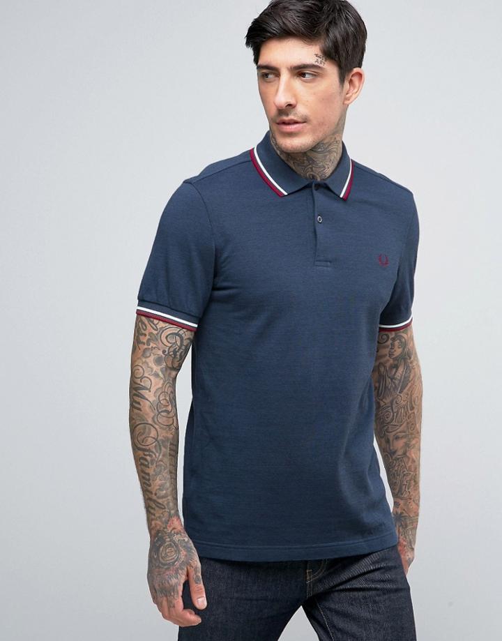 Fred Perry Slim Pique Polo Shirt Twin Tipped In Dark Blue - Blue