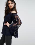 Club L Off Shoulder Bell Sleeve Lace Top With Cami Underlay - Navy