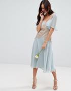 Asos Wedding Contrast Lace Panel Midi Dress - Blue