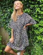 Asos Design Oversized Mini Smock Dress With Frill Sleeve In Animal Print-brown