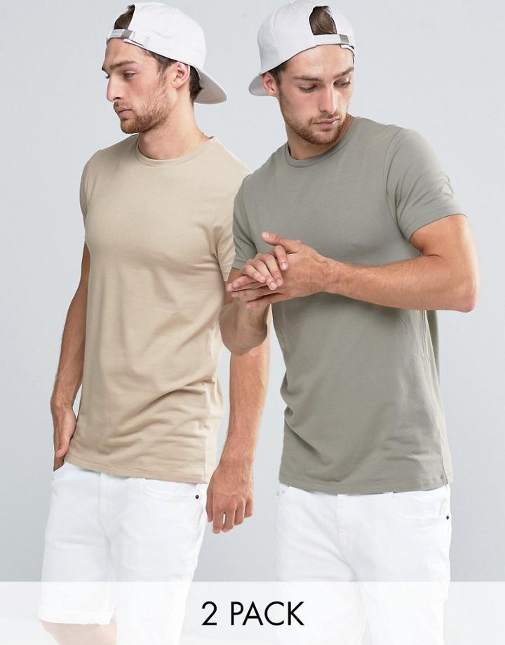 Asos 2 Pack Longline T-shirt In Cream/green - Multi