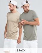 Asos 2 Pack Longline T-shirt In Cream/green - Multi