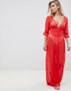Asos Design Chiffon Plunge Beach Jumpsuit In Red - Red