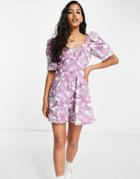 Asos Design Sweetheart Neckline Romper In Lilac Pineapple Print-multi
