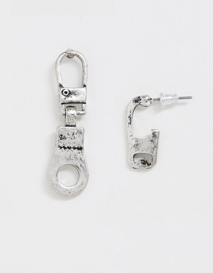 Asos Design Zip Pull Earrings In Burnished Silver Tone