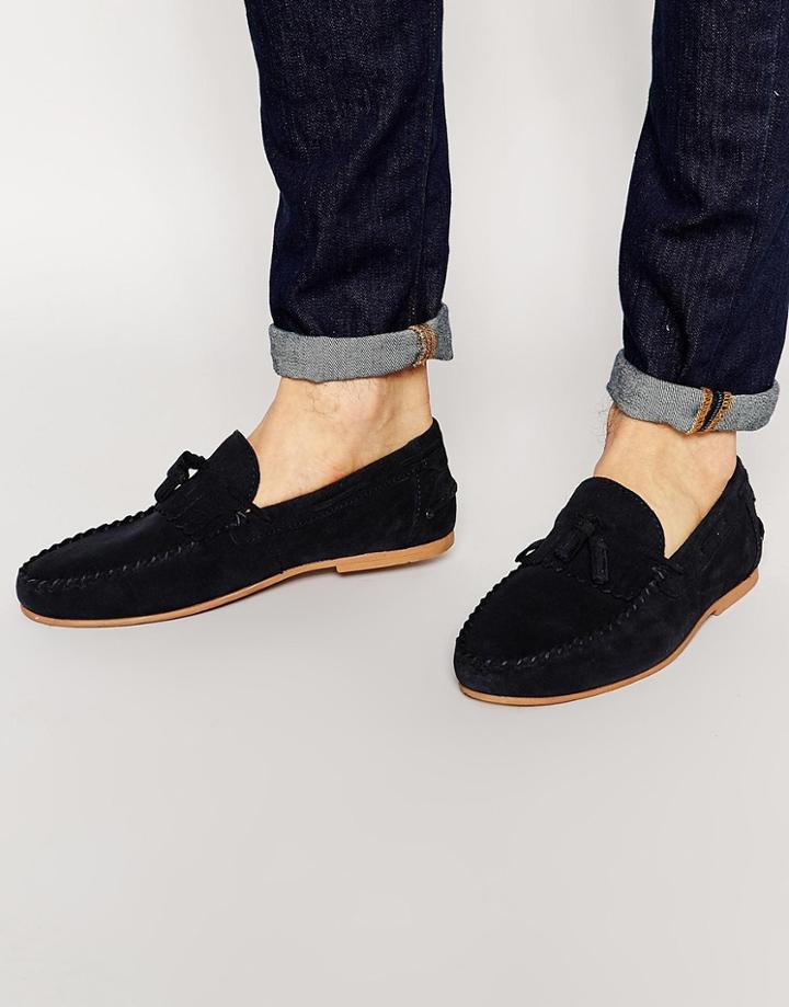 Asos Tassel Loafers In Navy Suede With Fringe - Navy