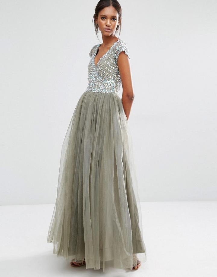 A Star Is Born Prom Embellished Tulle Maxi Dress - Gray