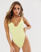 Asos Design Skinny Strap Deep Plunge Swimsuit In Shiny Pastel Yellow - Yellow