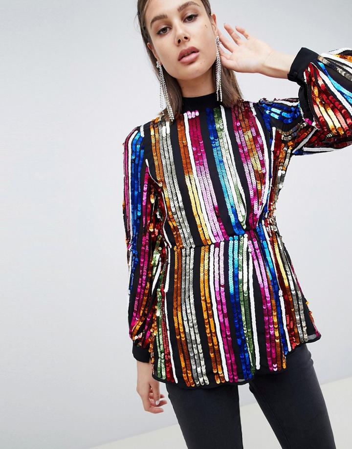 Asos Design High Neck Top In Stripe Sequin - Multi