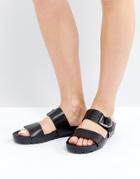 Vagabond Erie Black Leather Flat Slide Sandals - Black